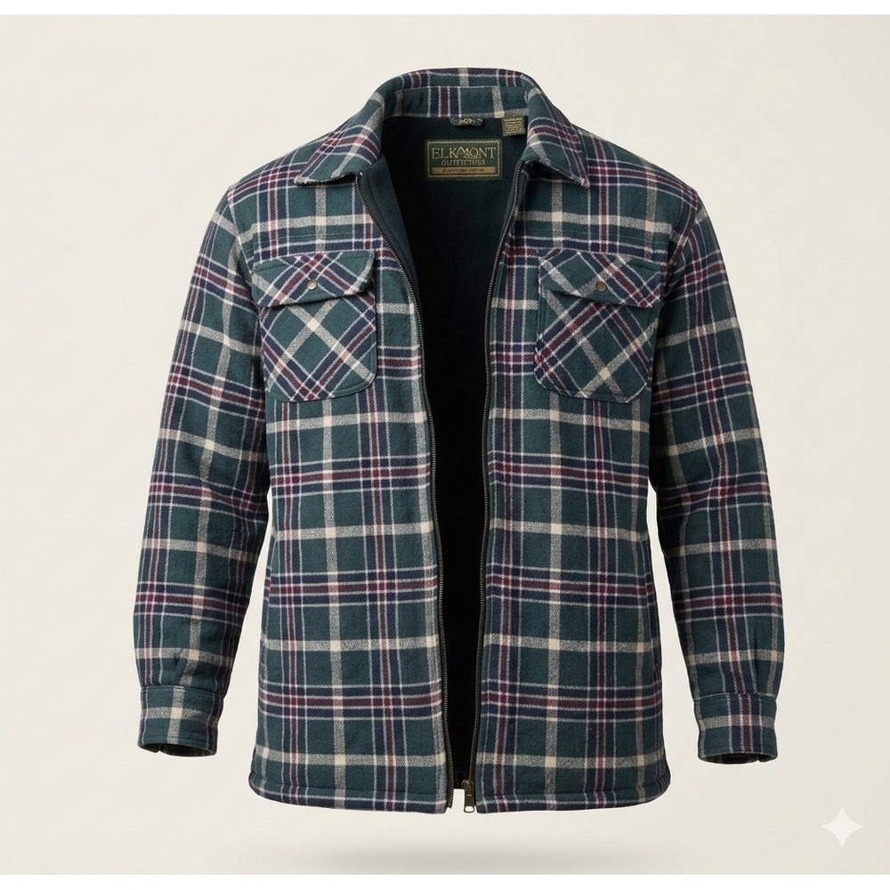 Elkmont Outfitters Men's Blue and Green Flannel‎ Zip Up Jacket. Size L